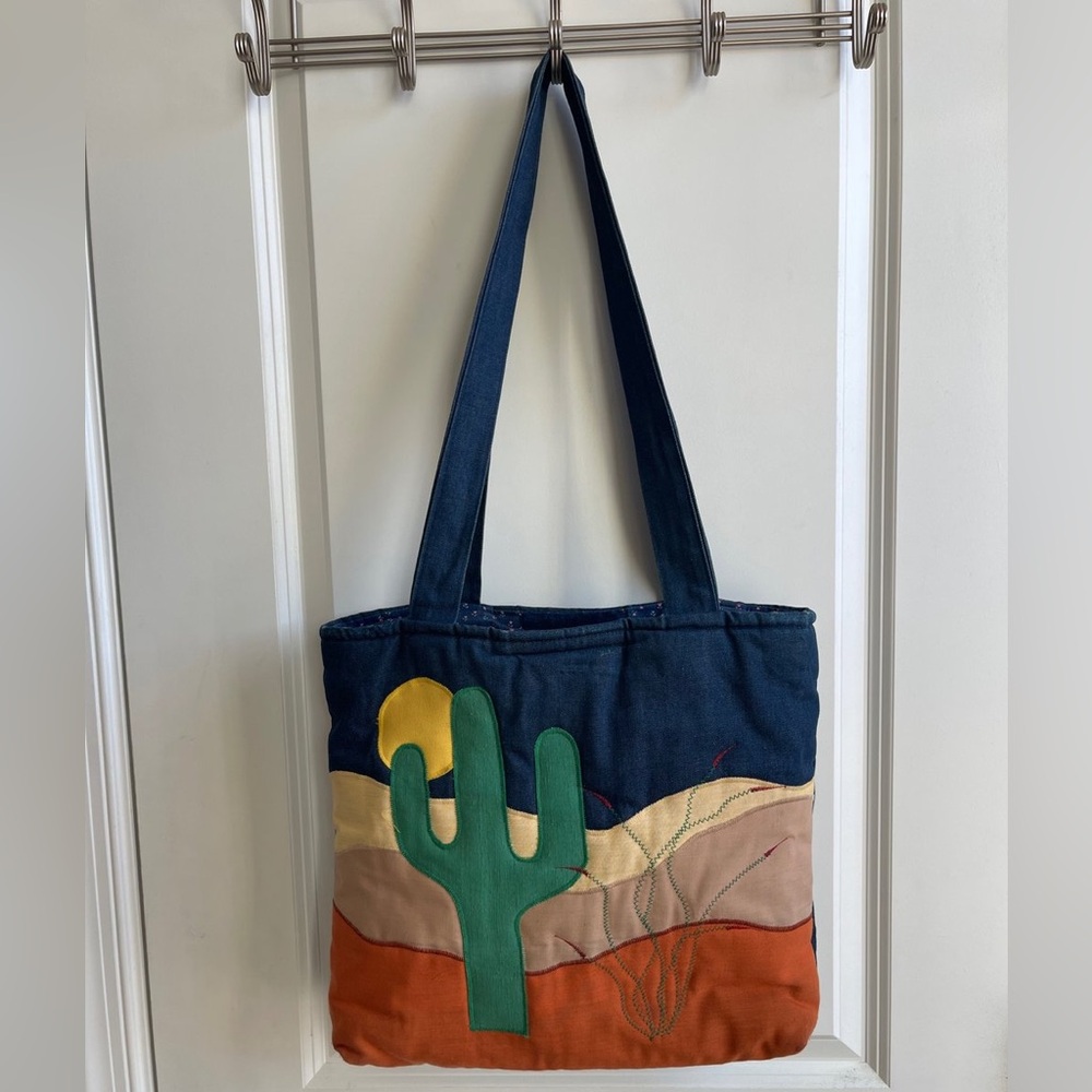 Vintage JAY JAY denim embroidered desert Cactus sunset tote bag purse